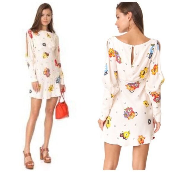 Free People Ivory Floral Sunshadows boat neck Mini Dress size 0 - Picture 7 of 10